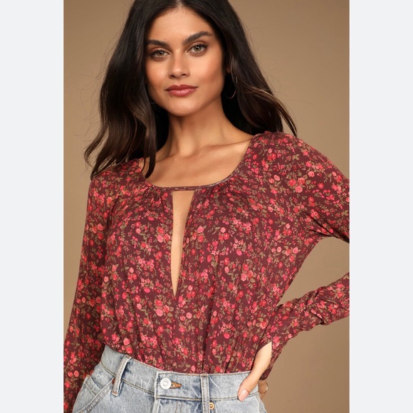 FREE PEOPLE  Kaya Brown Floral Print Long Sleeve Bodysuit - Picture 5 of 10